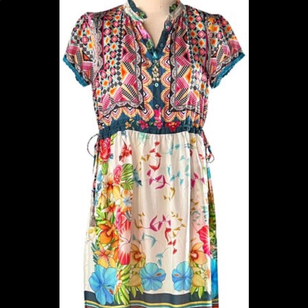 Johnny Was Genesis 100% Silk Floral Hummingbird Dress NWT New L
